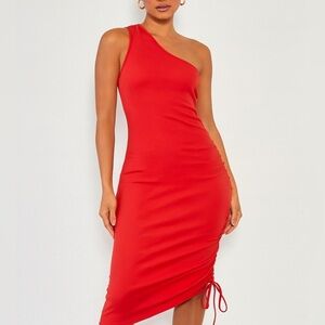 Elegant One-Shoulder Red Ribbed Stretch Dress by BTFBM NWT Sz-XXL. O11